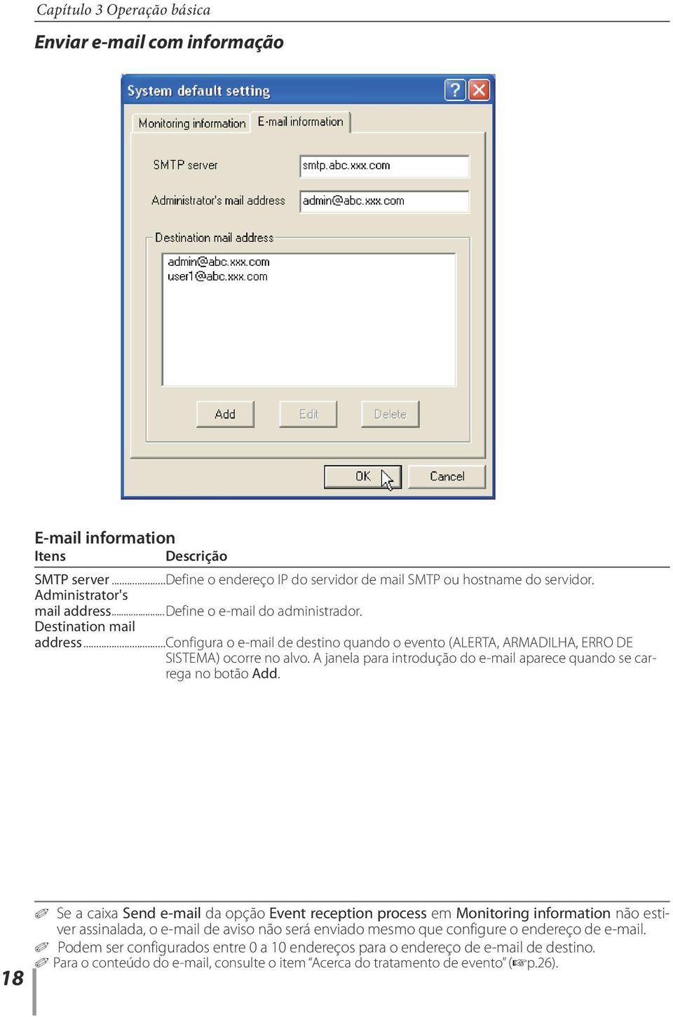 A janela para introdução do e-mail aparece quando se carrega no botão Add.
