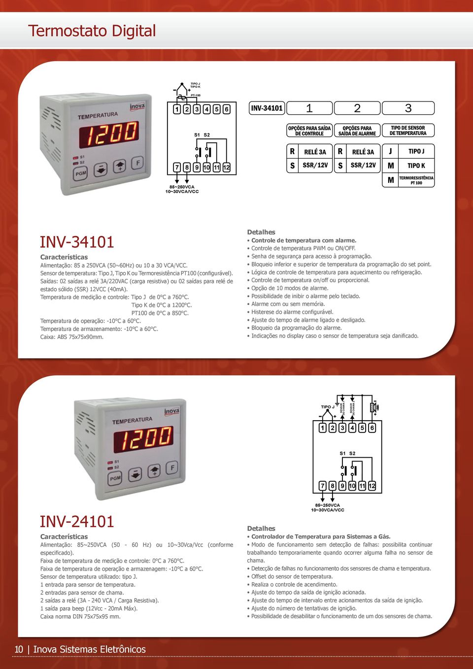 Temperatura de medição e controle: Tipo J de 0 C a 760 C. Tipo K de 0 C a 1200 C. PT100 de 0 C a 850 C. Caixa: ABS 75x75x90mm. Controle de temperatura com alarme.