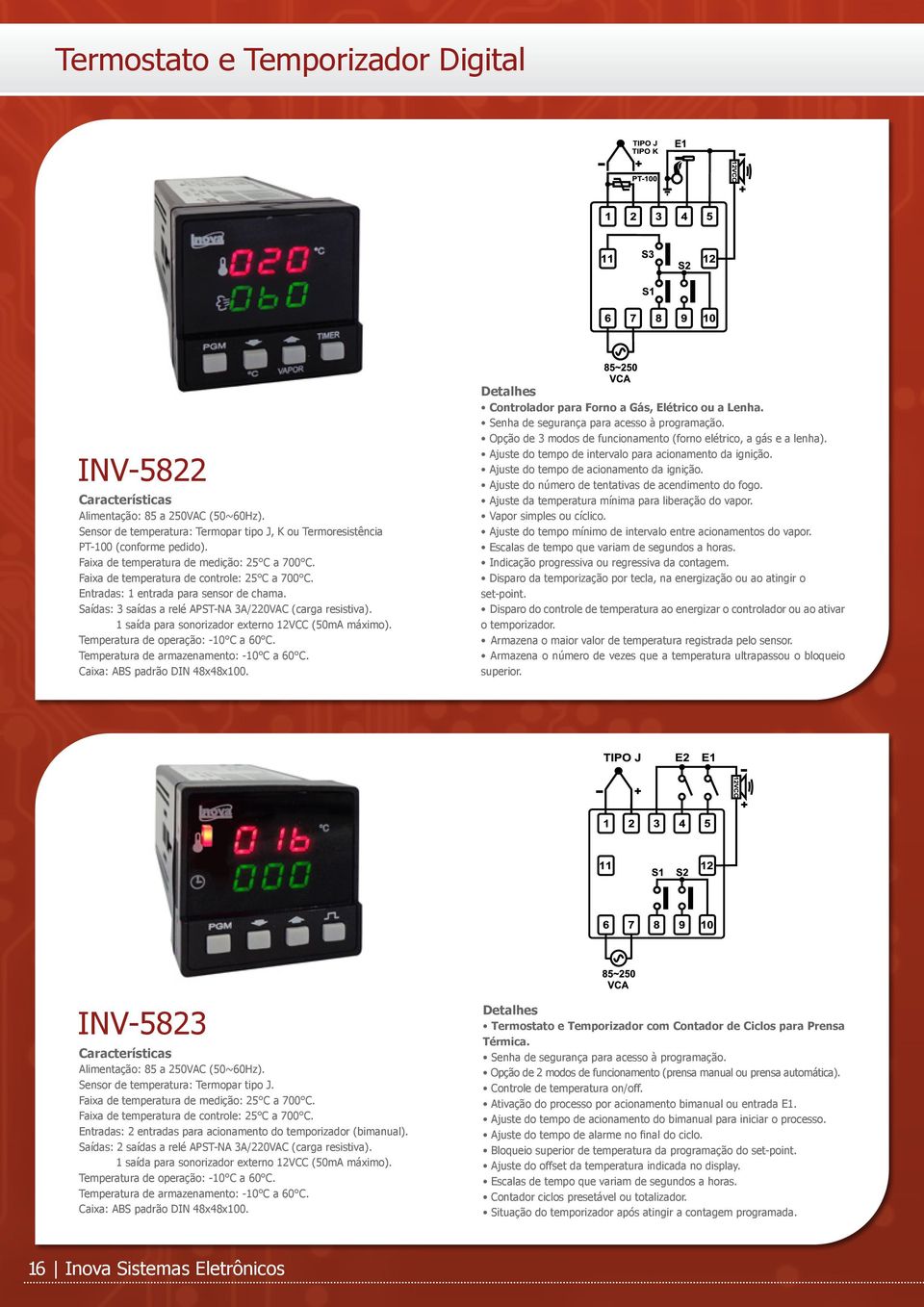 1 saída para sonorizador externo 12VCC (50mA máximo). Caixa: ABS padrão DIN 48x48x100. Controlador para Forno a Gás, Elétrico ou a Lenha.