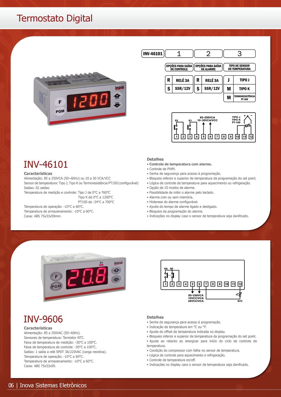 Bloqueio inferior e superior de temperatura da programação do set point. Lógica de controle de temperatura para aquecimento ou refrigeração. Opção de 10 modos de alarme.