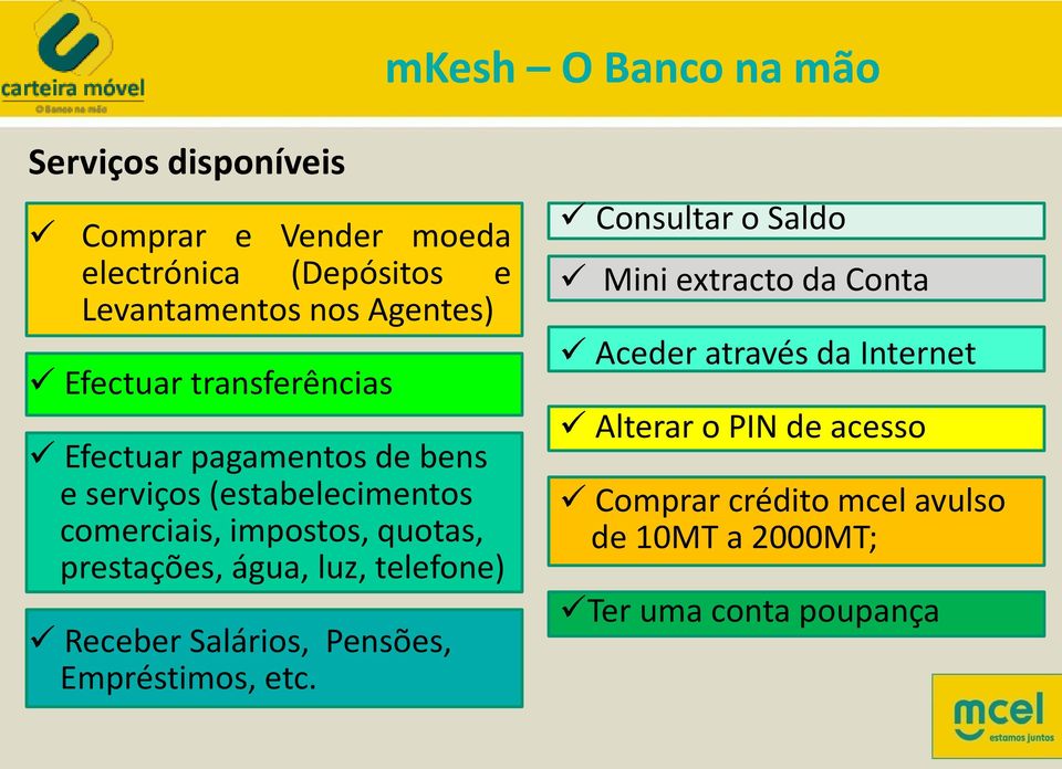 prestações, água, luz, telefone) Receber Salários, Pensões, Empréstimos, etc.