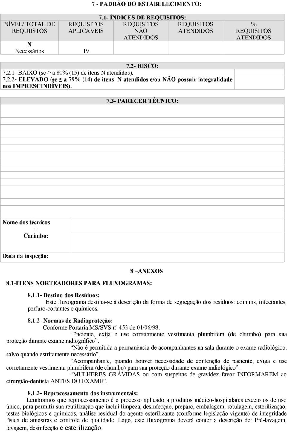 1-ITENS NORTEADORES PARA FLUXOGRAMAS: 8.1.1- Destino dos Resíduos: Este fluxograma destina-se à descrição da forma de segregação dos resíduos: comuns, infectantes, perfuro-cortantes e químicos. 8.1.2- Normas de Radioproteção: Conforme Portaria MS/SVS nº 453 de 01/06/98: Paciente, exija e use corretamente vestimenta plumbífera (de chumbo) para sua proteção durante exame radiográfico.