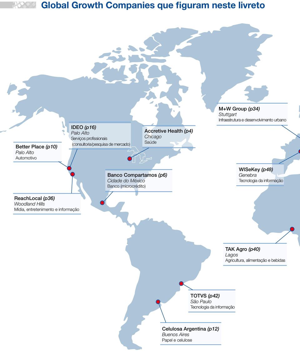 Compartamos (p6) Cidade do México Banco (microcrédito) WISeKey (p48) Genebra Tecnologia da informação ReachLocal (p36) Woodland Hills Mídia,