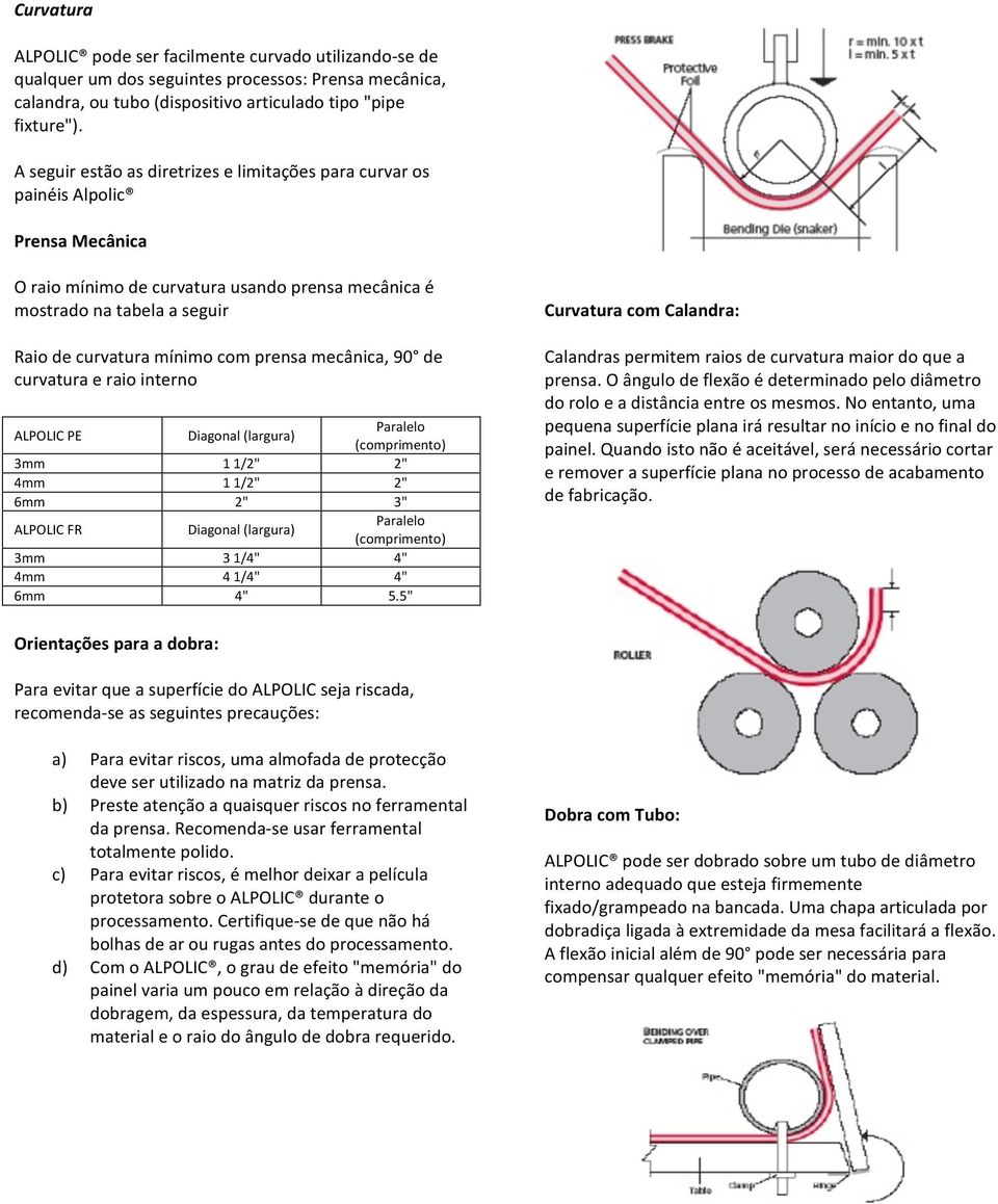 prensa mecânica, 90 de curvatura e raio interno ALPOLIC PE Diagonal (largura) Paralelo (comprimento) 3mm 1 1/2" 2" 4mm 1 1/2" 2" 6mm 2" 3" ALPOLIC FR Diagonal (largura) Paralelo (comprimento) 3mm 3