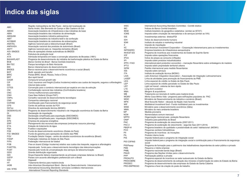 brasileira das indústrias de alimentação ICMS Imposto sobre circulação de mercadorias e de serviços (similar ao IVA) ABIQUIM Associação brasileira indústria petroquímica IDE Investimentps externos