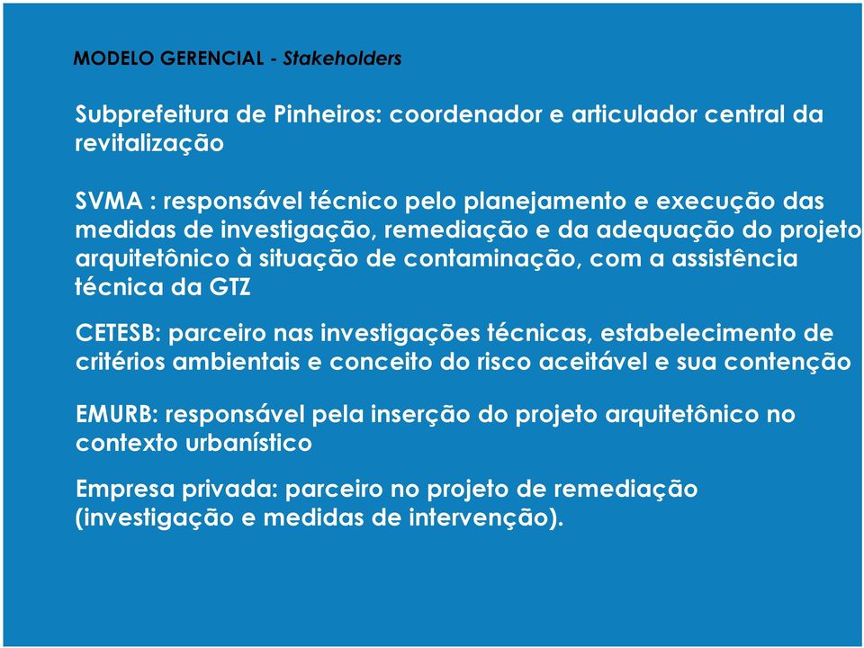 técnica da GTZ CETESB: parceiro nas investigações técnicas, estabelecimento de critérios ambientais e conceito do risco aceitável e sua contenção EMURB: