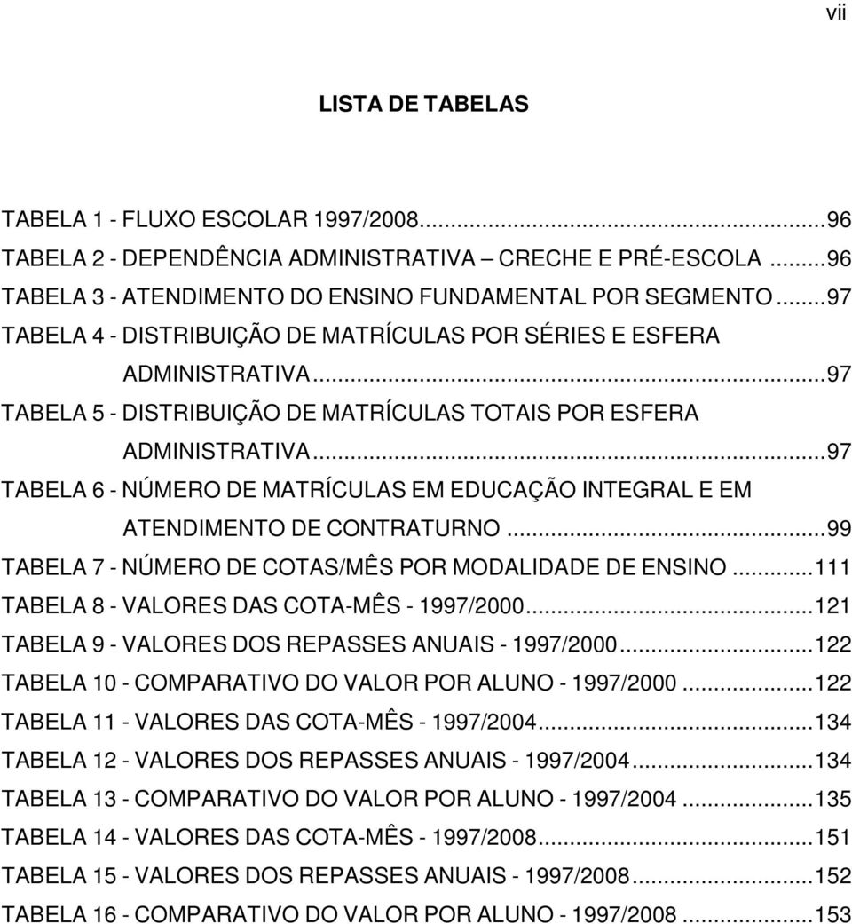 ..97 TABELA 6 - NÚMERO DE MATRÍCULAS EM EDUCAÇÃO INTEGRAL E EM ATENDIMENTO DE CONTRATURNO...99 TABELA 7 - NÚMERO DE COTAS/MÊS POR MODALIDADE DE ENSINO...111 TABELA 8 - VALORES DAS COTA-MÊS - 1997/2000.