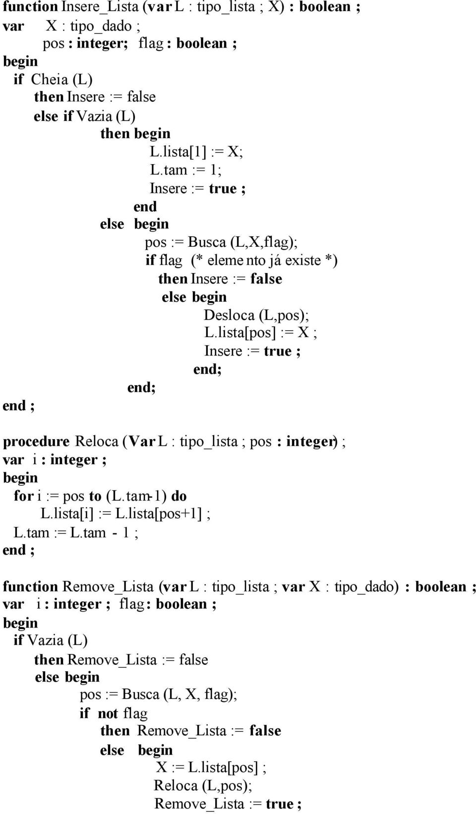 lista[pos] := X ; Insere := true ; procedure Reloca (Var L : tipo_lista ; pos : integer) ; var i : integer ; for i := pos to (L.tam-1) do L.lista[i] := L.lista[pos+1] ; L.tam := L.