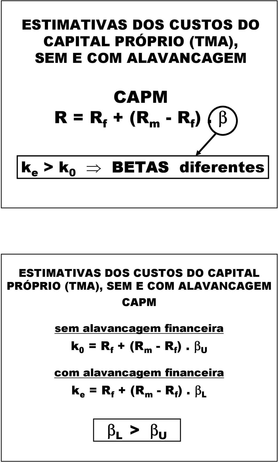 β k e > k 0 BETAS diferentes ESTIMATIVAS DOS CUSTOS DO CAPITAL PRÓPRIO (TMA), SEM