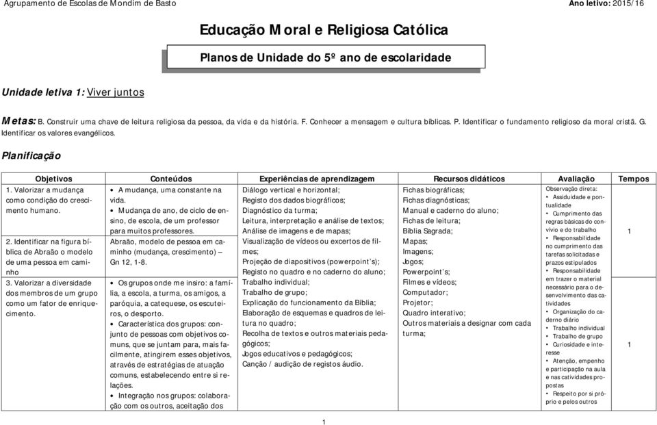 Identificar os valores evangélicos. Planificação Objetivos Conteúdos Experiências de aprendizagem Recursos didáticos Avaliação Tempos A mudança, uma constante na vida.