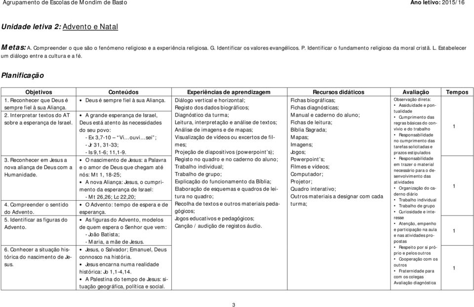 Planificação Objetivos Conteúdos Experiências de aprendizagem Recursos didáticos Avaliação Tempos. Reconhecer que Deus é sempre fiel à sua Aliança. 2.