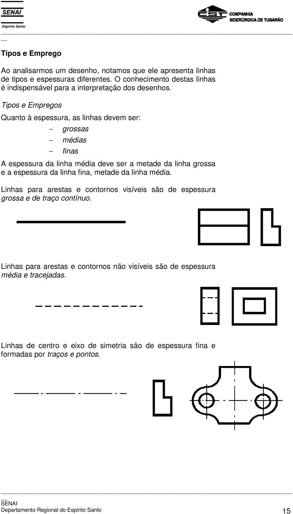 Tipos e Empregos Quanto à espessura, as linhas devem ser: grossas médias finas A espessura da linha média deve ser a metade da linha grossa e a espessura da linha fina,