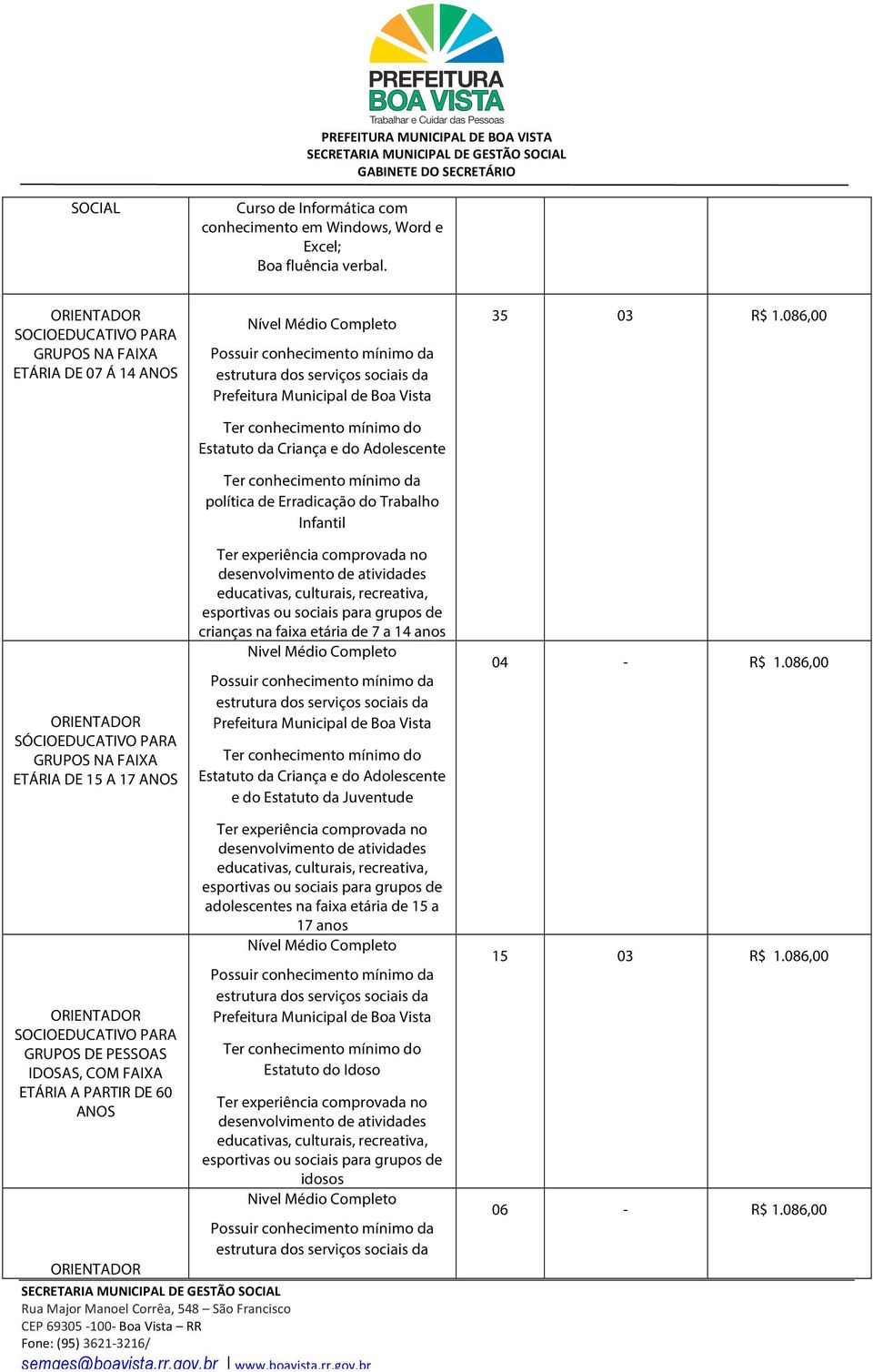 estrutura dos serviços sociais da Prefeitura Municipal de Boa Vista Ter conhecimento mínimo do Estatuto da Criança e do Adolescente Ter conhecimento mínimo da política de Erradicação do Trabalho