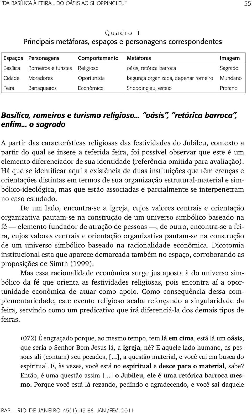 oásis, retórica barroca Sagrado Cidade Moradores Oportunista bagunça organizada, depenar romeiro Mundano Feira Barraqueiros Econômico Shoppingleu, esteio Profano Basílica, romeiros e turismo