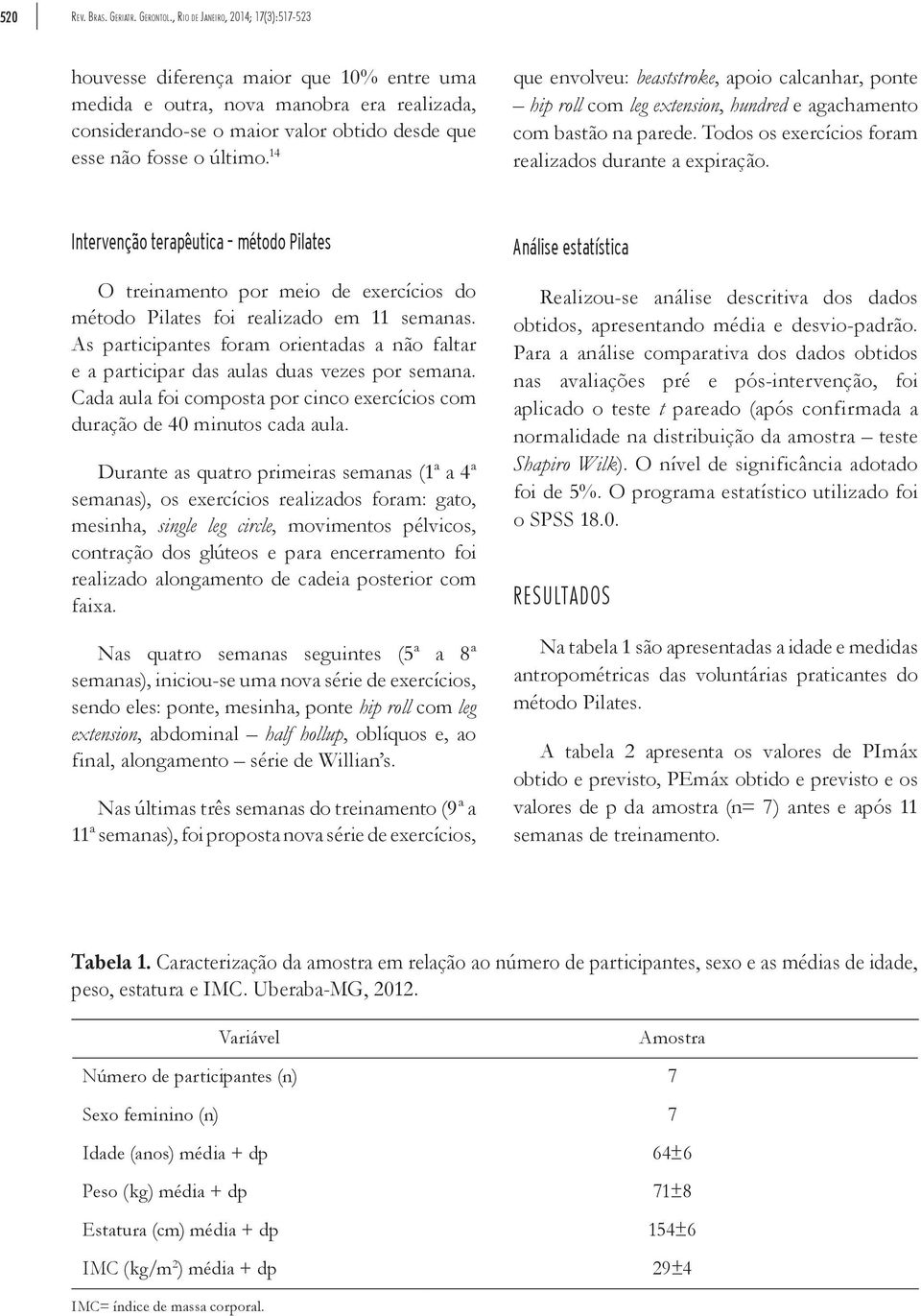 14 que envolveu: beaststroke, apoio calcanhar, ponte hip roll com leg extension, hundred e agachamento com bastão na parede. Todos os exercícios foram realizados durante a expiração.