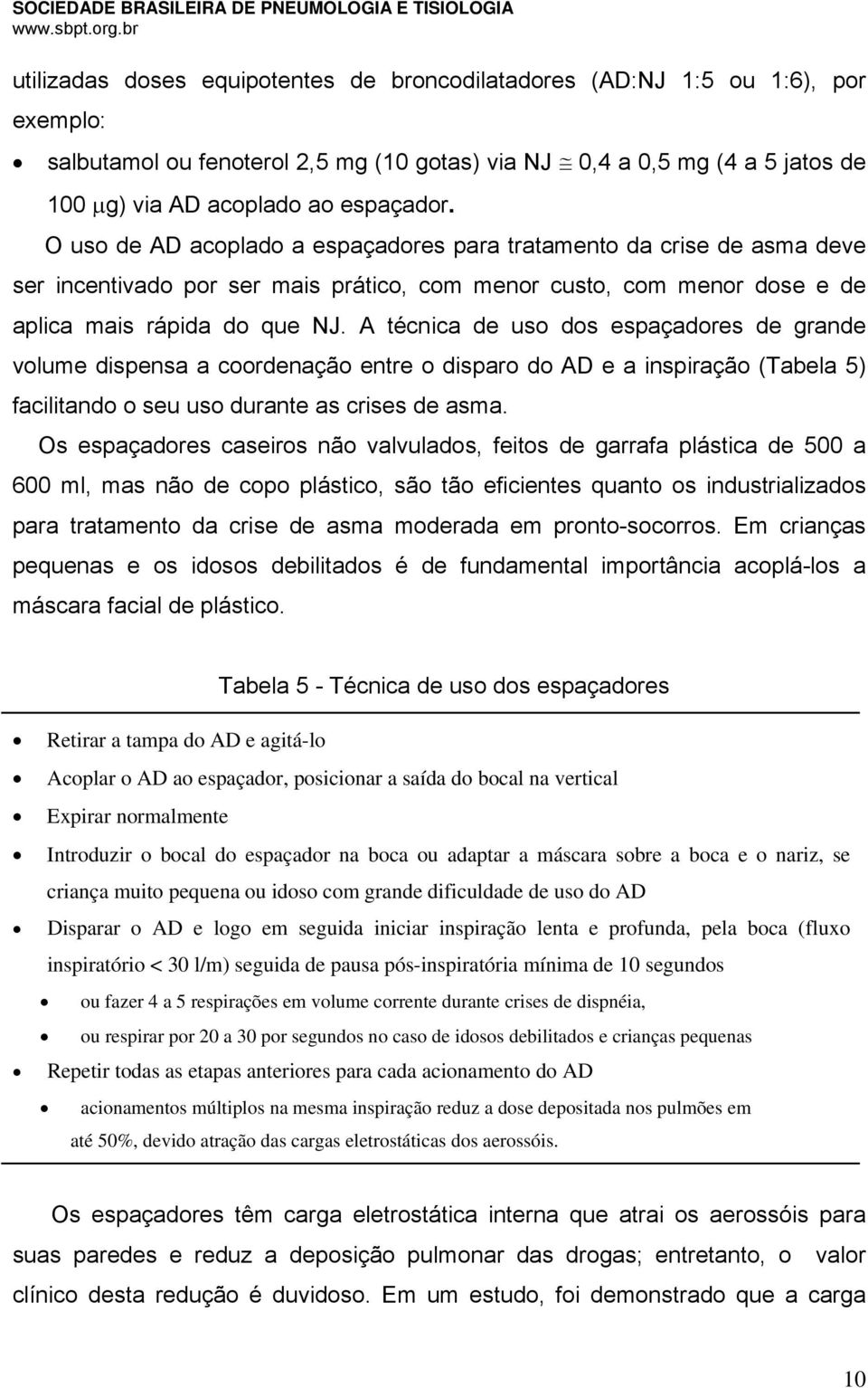 A técnica de uso dos espaçadores de grande volume dispensa a coordenação entre o disparo do AD e a inspiração (Tabela 5) facilitando o seu uso durante as crises de asma.