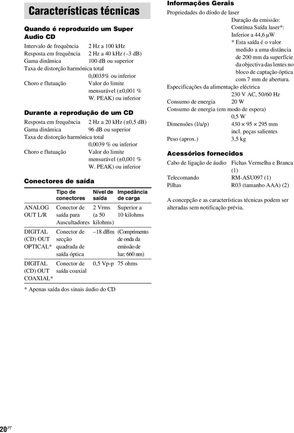 PEAK) ou inferior Durante a reprodução de um CD Resposta em frequência 2 Hz a 20 khz (±0,5 db) Gama dinâmica 96 db ou superior Taxa de distorção harmónica total 0,0039 % ou inferior Choro e flutuação