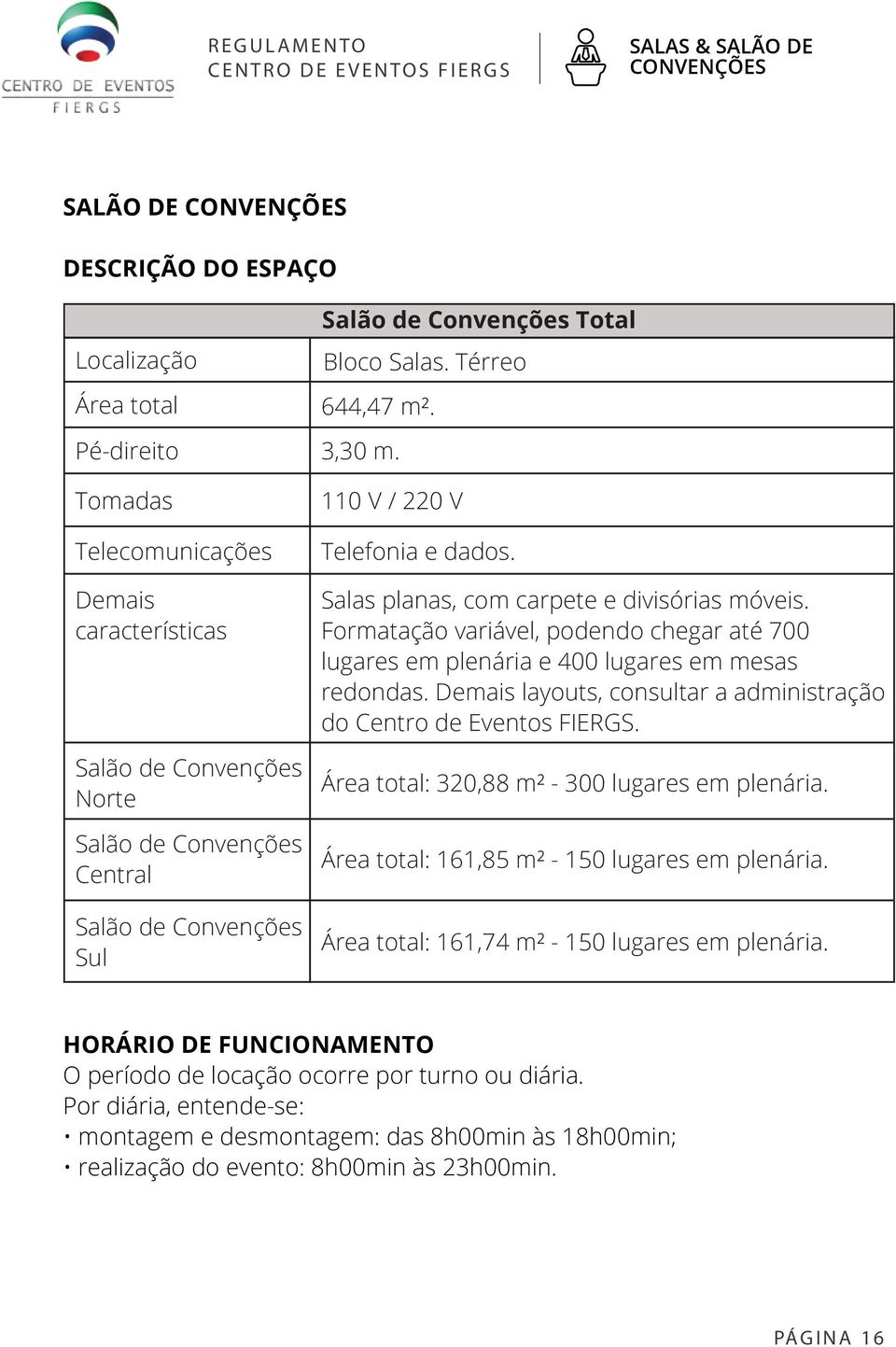 Salas planas, com carpete e divisórias móveis. Formatação variável, podendo chegar até 700 lugares em plenária e 400 lugares em mesas redondas.