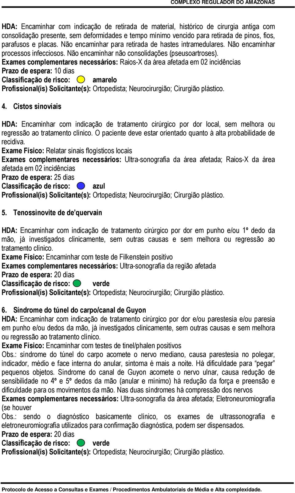 Exames complementares necessários: Raios-X da área afetada em 02 incidências Classificação de risco: amarelo Profissional(is) Solicitante(s): Ortopedista; Neurocirurgião; Cirurgião plástico. 4.