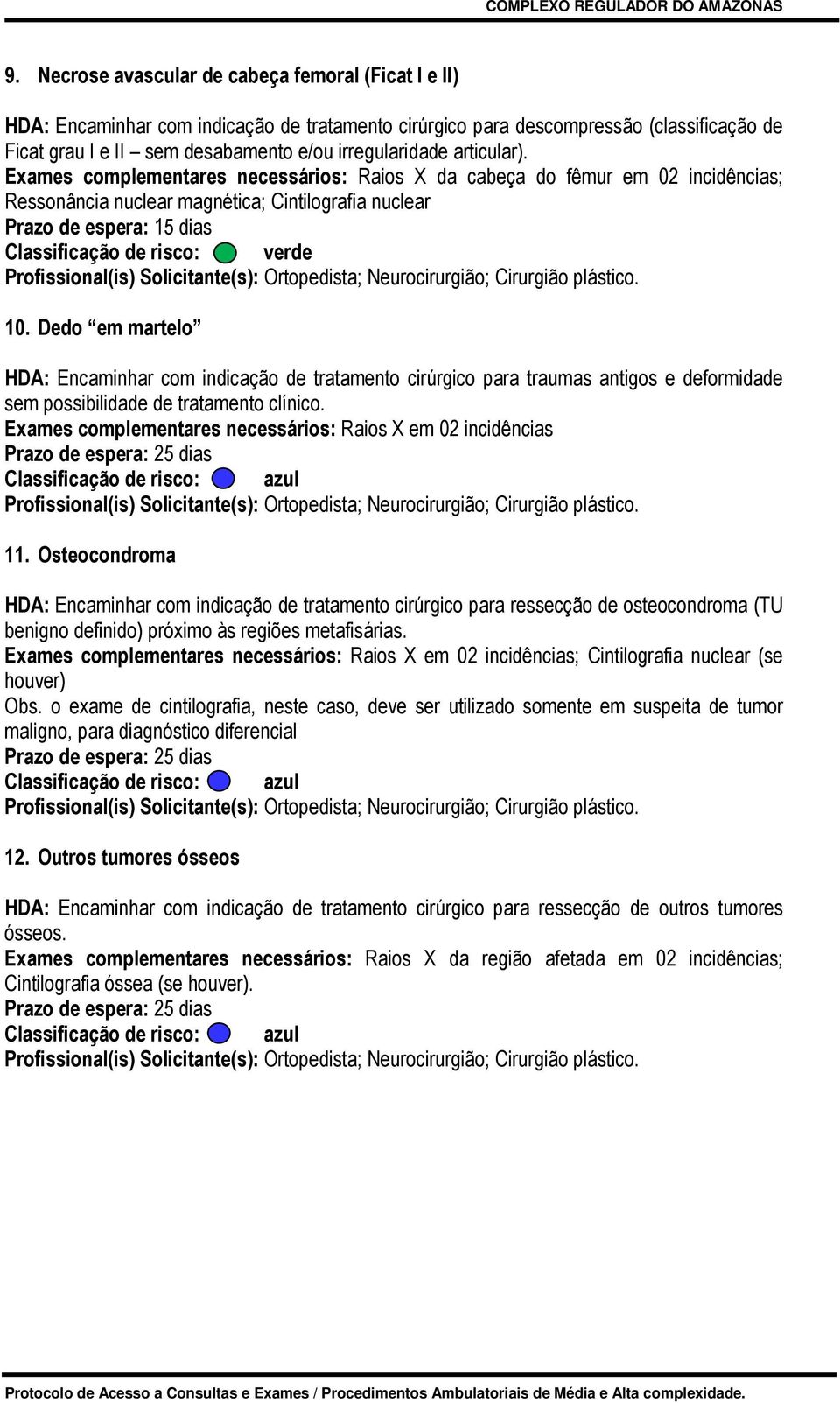 Exames complementares necessários: Raios X da cabeça do fêmur em 02 incidências; Ressonância nuclear magnética; Cintilografia nuclear Prazo de espera: 15 dias Classificação de risco: verde