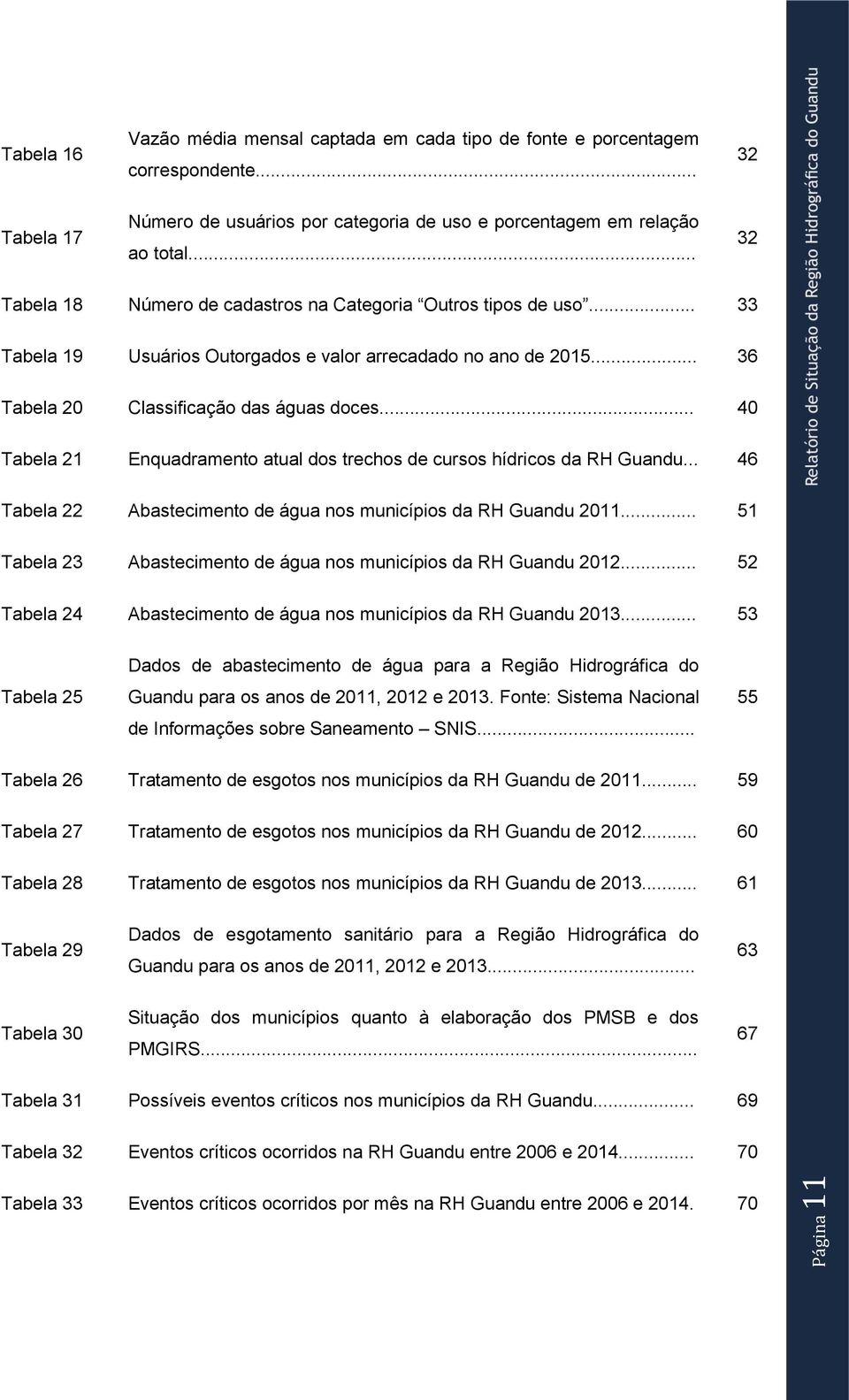 .. 40 Tabela 21 Enquadramento atual dos trechos de cursos hídricos da RH Guandu... 46 Tabela 22 Abastecimento de água nos municípios da RH Guandu 2011.