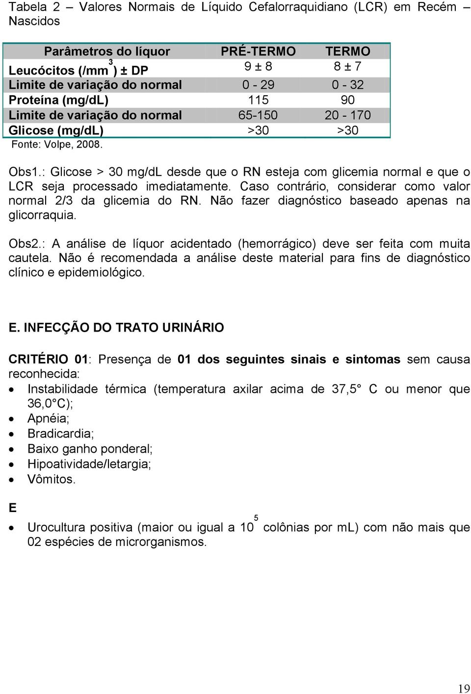 : Glicose > 30 mg/dl desde que o RN esteja com glicemia normal e que o LCR seja processado imediatamente. Caso contrário, considerar como valor normal 2/3 da glicemia do RN.