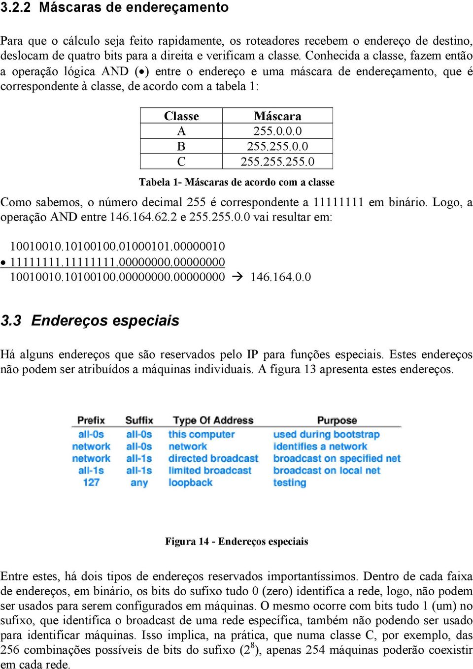 255.0.0 C 255.255.255.0 Tabela 1- Máscaras de acordo com a classe Como sabemos, o número decimal 255 é correspondente a 11111111 em binário. Logo, a operação AND entre 146.164.62.2 e 255.255.0.0 vai resultar em: 10010010.