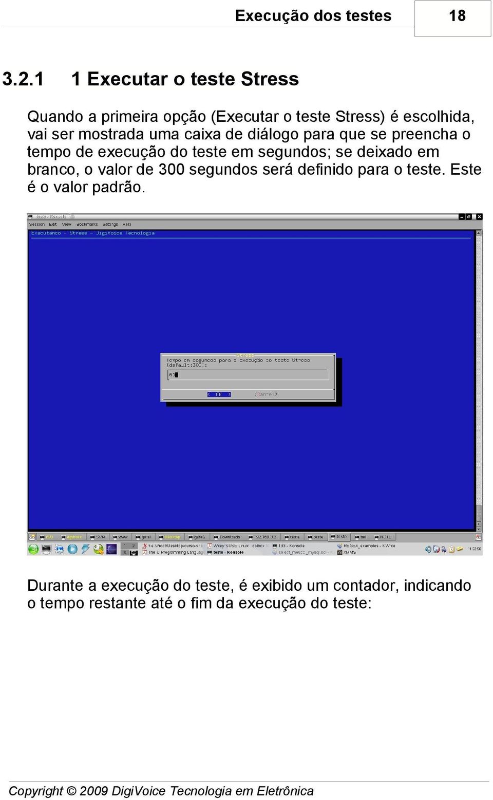 caixa de diálogo para que se preencha o tempo de execução do teste em segundos; se deixado em branco, o valor de 300