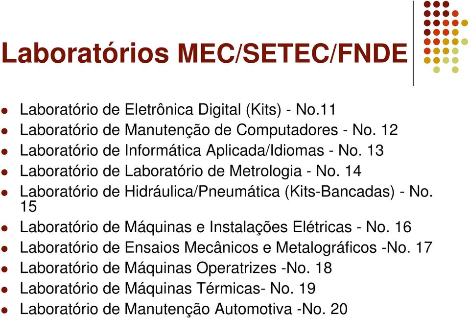 14 Laboratório de Hidráulica/Pneumática (Kits-Bancadas) - No. 15 Laboratório de Máquinas e Instalações Elétricas - No.