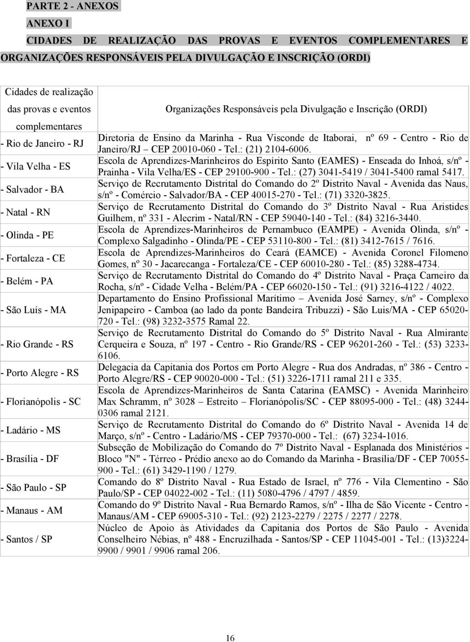 SC - Ladário - MS - Brasília - DF - São Paulo - SP - Manaus - AM - Santos / SP Organizações Responsáveis pela Divulgação e Inscrição (ORDI) Diretoria de Ensino da Marinha - Rua Visconde de Itaborai,