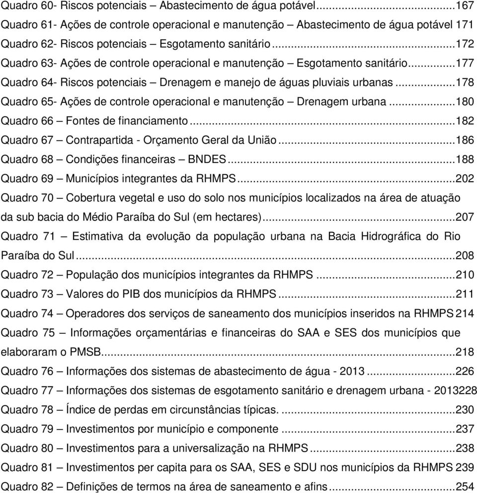 .. 172 Quadro 63- Ações de controle operacional e manutenção Esgotamento sanitário... 177 Quadro 64- Riscos potenciais Drenagem e manejo de águas pluviais urbanas.