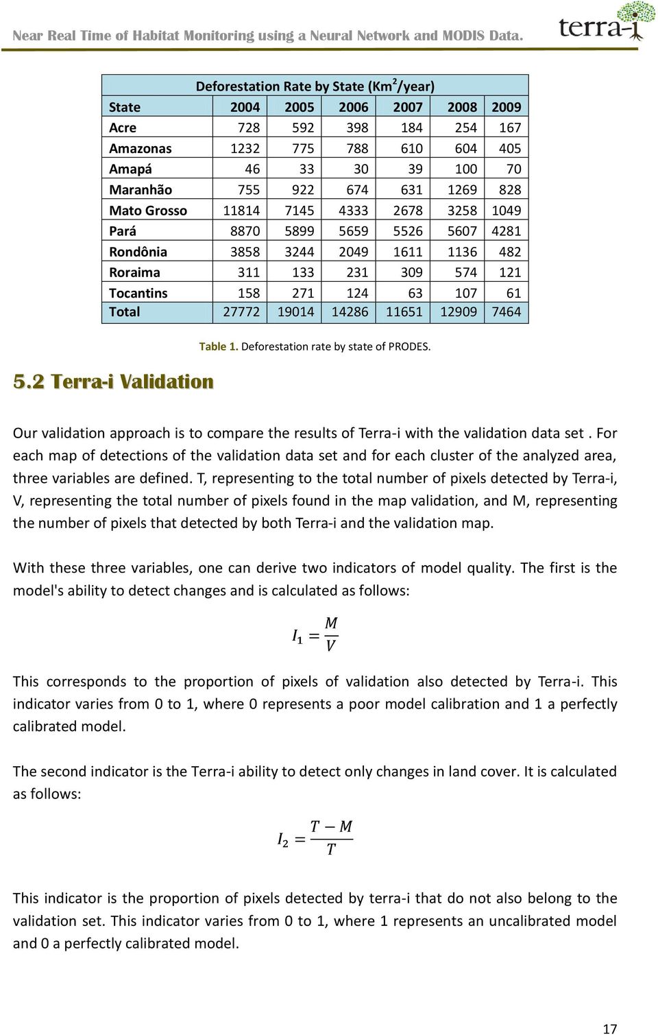 14286 11651 12909 7464 5.2 Terra-i Validation Table 1. Deforestation rate by state of PRODES. Our validation approach is to compare the results of Terra-i with the validation data set.