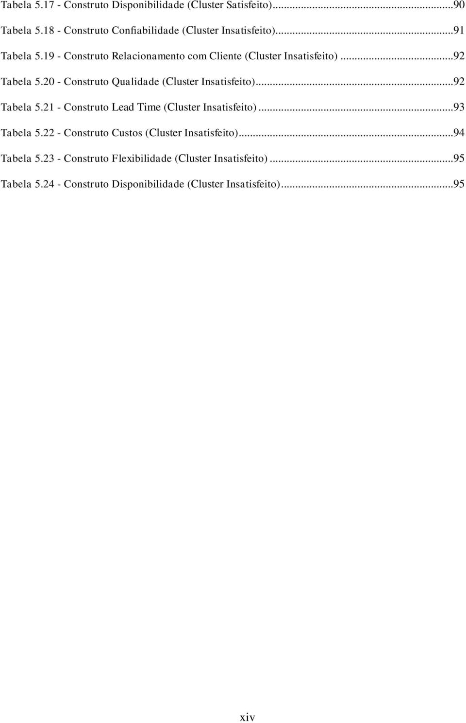 20 - Construto Qualidade (Cluster Insatisfeito)...92 Tabela 5.21 - Construto Lead Time (Cluster Insatisfeito)...93 Tabela 5.