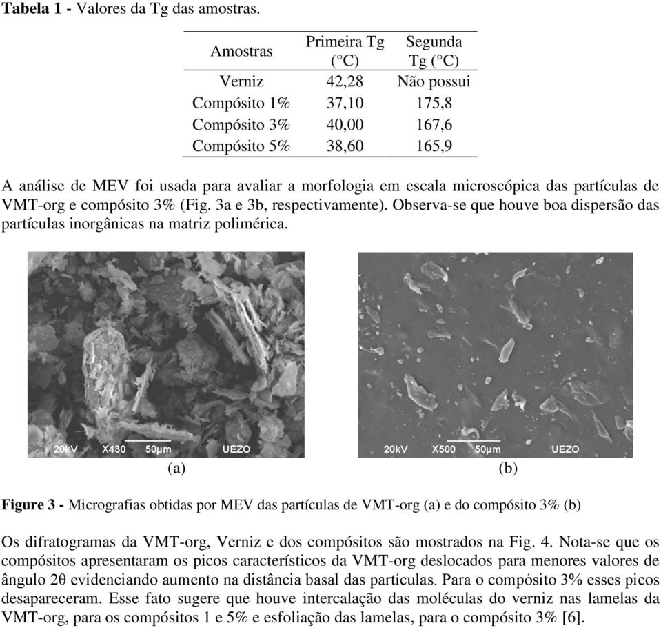 escala microscópica das partículas de VMT-org e compósito 3% (Fig. 3a e 3b, respectivamente). Observa-se que houve boa dispersão das partículas inorgânicas na matriz polimérica.