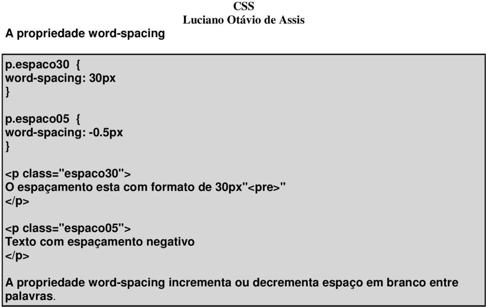 5px <p class="espaco30"> O espaçamento esta com formato de 30px"<pre>" </p>