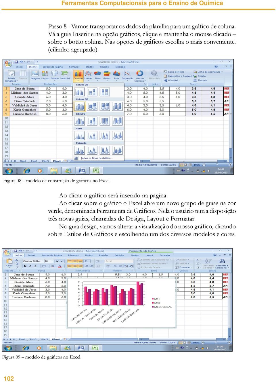 Figura 08 modelo de construção de gráficos no Excel. Ao clicar o gráfico será inserido na pagina.