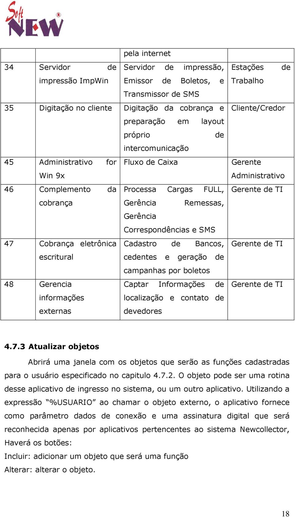 Bancos, escritural cedentes e geração de campanhas por boletos 48 Gerencia Captar Informações de informações localização e contato de externas devedores Estações de Trabalho Cliente/Credor Gerente