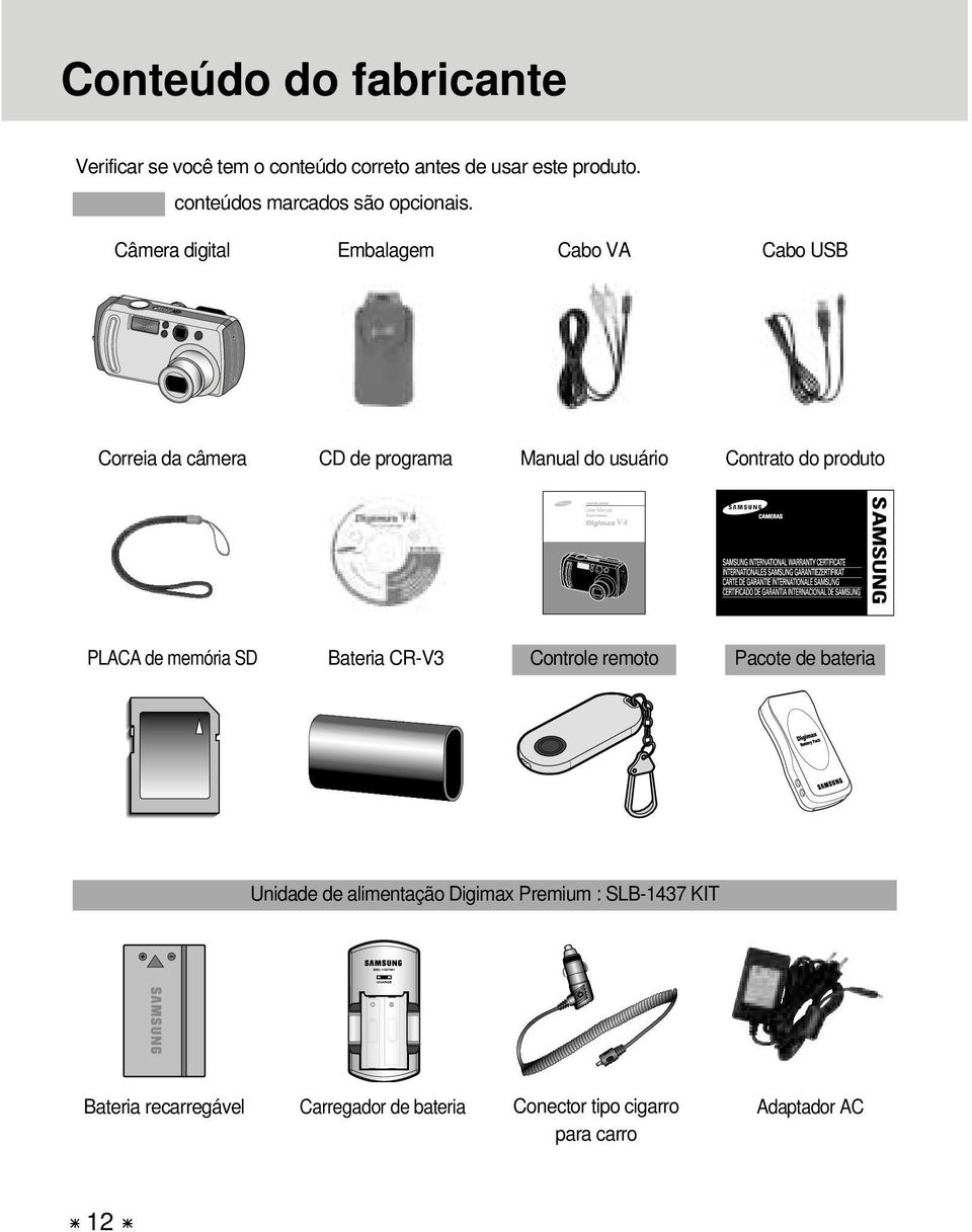 Câmera digital Embalagem Cabo VA Cabo USB Correia da câmera CD de programa Manual do usuário Contrato do produto