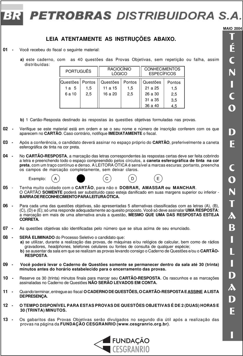 ESPECÍFICOS Questões 1 a 5 6 a 10 Pontos 1,5 2,5 Questões 11 a 15 16 a 20 Pontos 1,5 2,5 Questões 21 a 25 26 a 30 31 a 35 36 a 40 b) 1 Cartão-Resposta destinado às respostas às questões objetivas