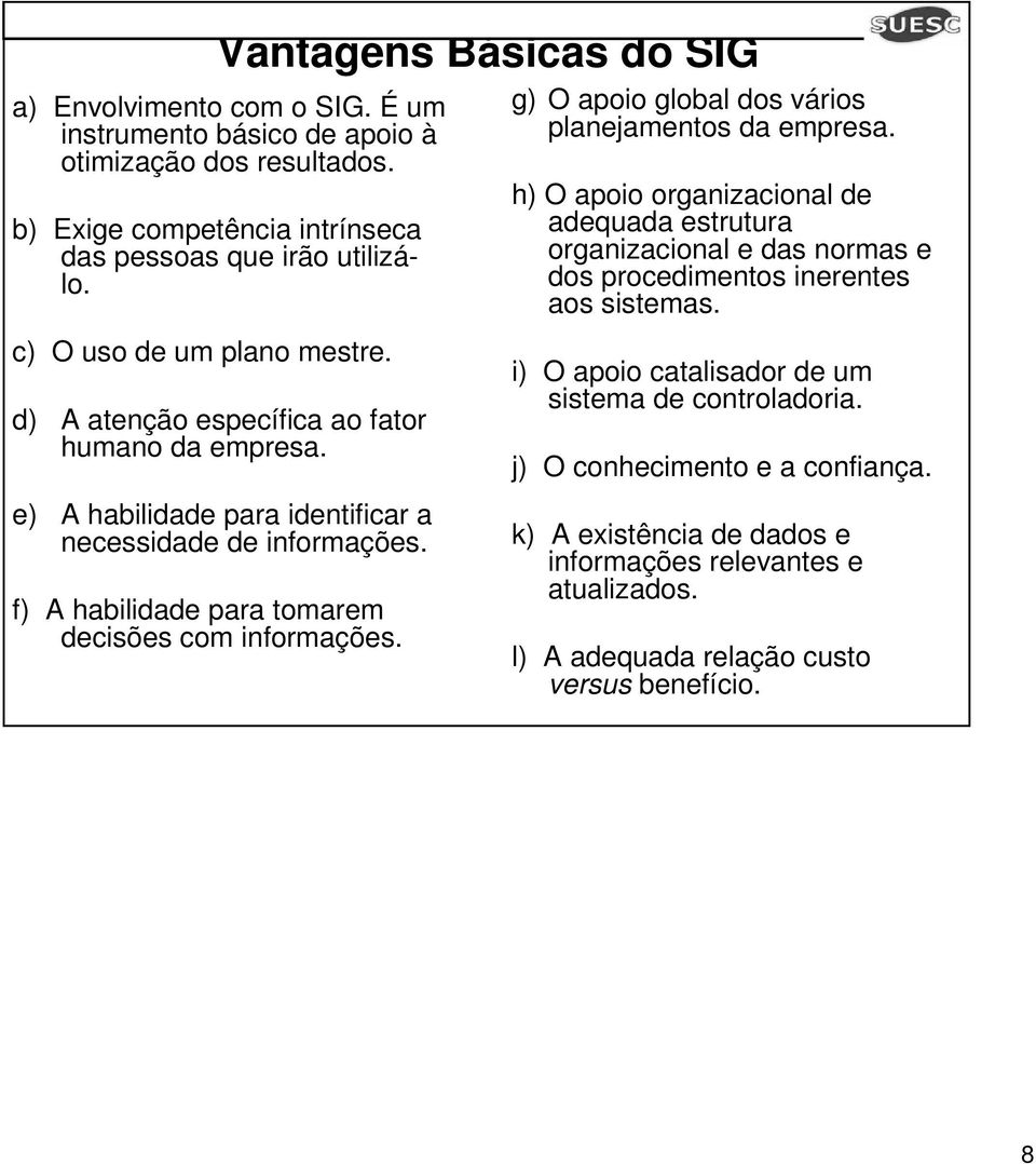 f) A habilidade para tomarem decisões com informações. g) O apoio global dos vários planejamentos da empresa.