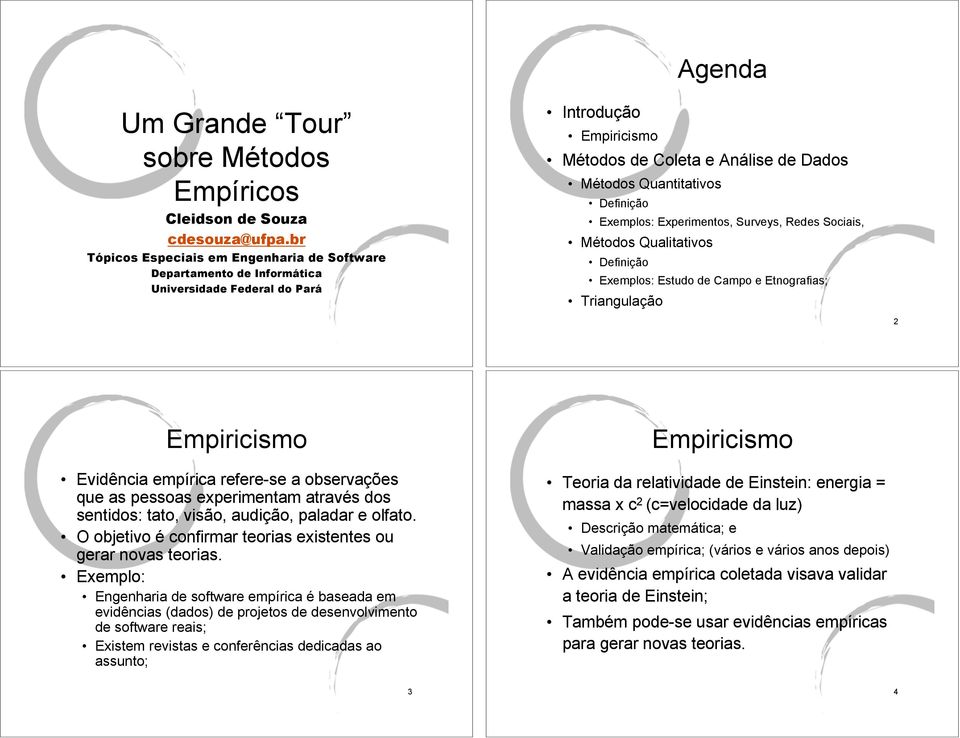 Definição Exemplos: Experimentos, Surveys, Redes Sociais, Métodos Qualitativos Definição Exemplos: Estudo de Campo e Etnografias; Triangulação 2 Empiricismo Evidência empírica refere-se a observações