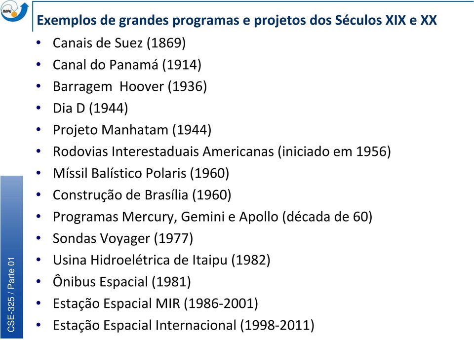 Polaris (1960) Construção de Brasília (1960) Programas Mercury, Gemini e Apollo (década d de 60) Sondas Voyager (1977)