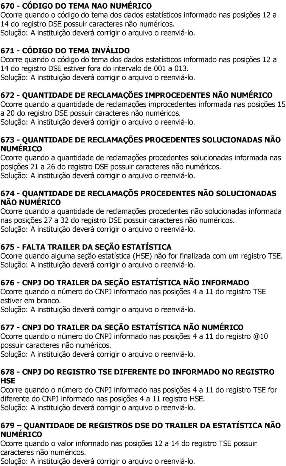 672 - QUANTIDADE DE RECLAMAÇÕES IMPROCEDENTES NÃO Ocorre quando a quantidade de reclamações improcedentes informada nas posições 15 a 20 do registro DSE possuir caracteres não numéricos.