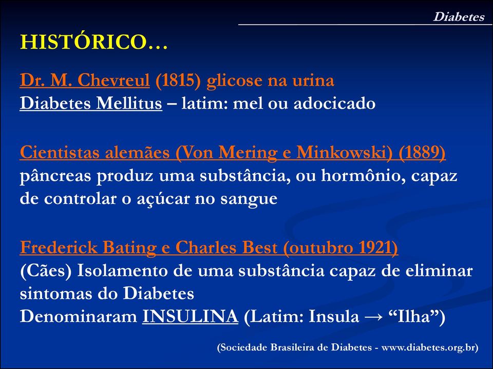 Minkowski) (1889) pâncreas produz uma substância, ou hormônio, capaz de controlar o açúcar no sangue Frederick
