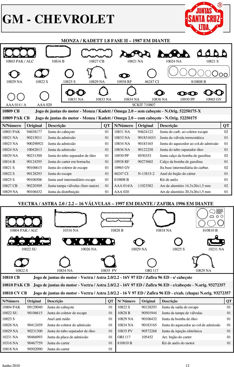 AAA 014 / A AAA 020 SCKIT 710807 10809 CB Jogo de juntas do motor - Monza / Kadett / Omega 2.0 sem cabeçote - N.Orig. 52250175-X 10809 PAK CB Jogo de juntas do motor - Monza / Kadett / Omega 2.