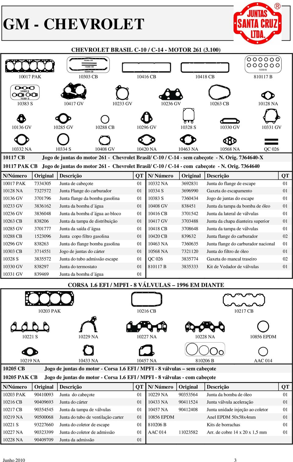 NA 10463 NA 10568 NA QC 026 10117 CB Jogo de juntas do motor 261 - Chevrolet Brasil/ C-10 / C-14 - sem cabeçote - N. Orig.