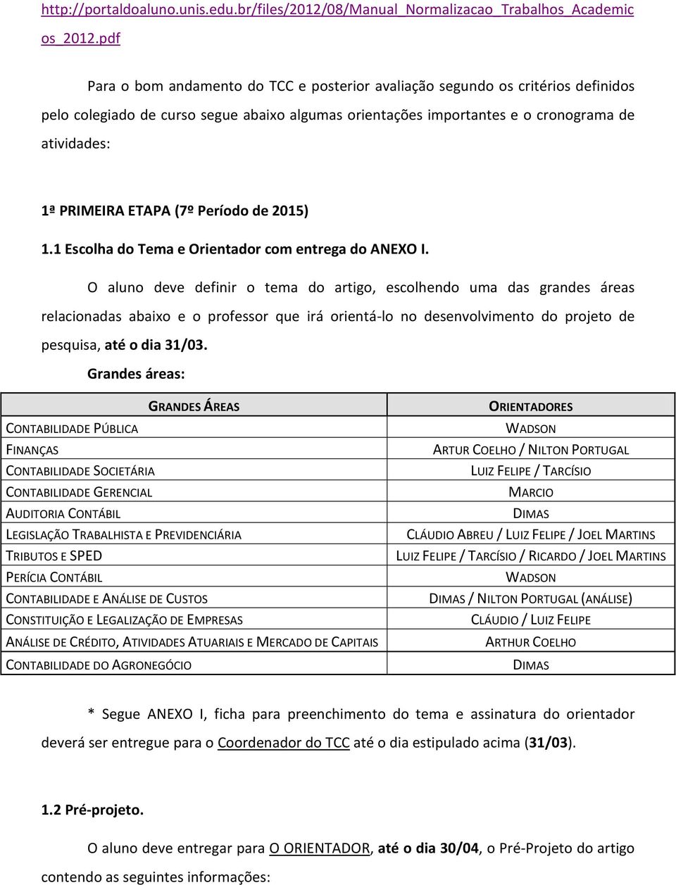 ETAPA (7º Período de 2015) 1.1 Escolha do Tema e Orientador com entrega do ANEO I.