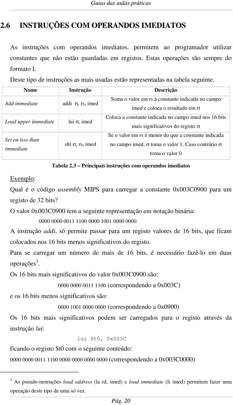 Nome Instrução Descrição Add immediate addi rt, rs, imed Soma o valor em rs à constante indicada no campo imed e coloca o resultado em rt Load upper immediate lui rt, imed Coloca a constante indicada