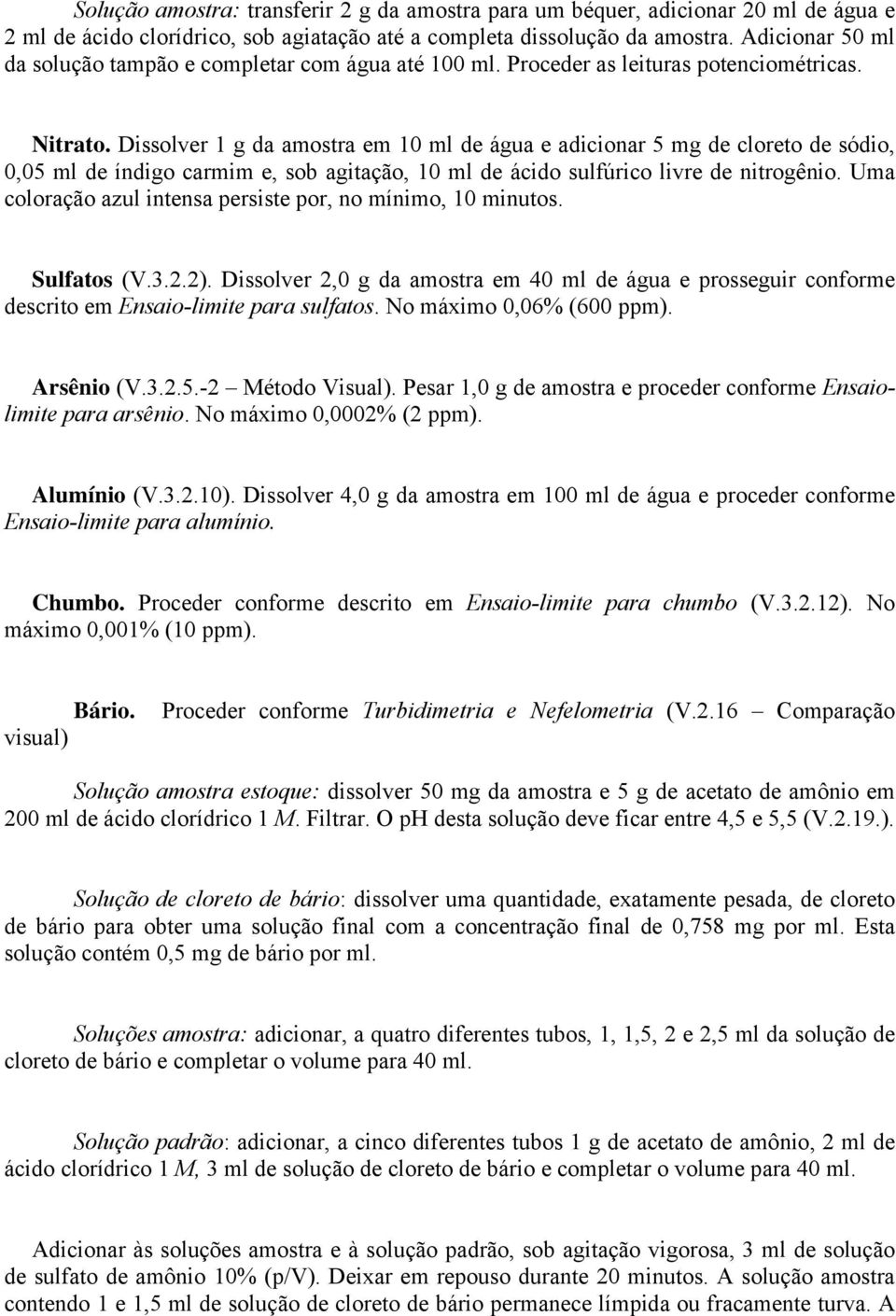 Dissolver 1 g da amostra em 10 ml de água e adicionar 5 mg de cloreto de sódio, 0,05 ml de índigo carmim e, sob agitação, 10 ml de ácido sulfúrico livre de nitrogênio.