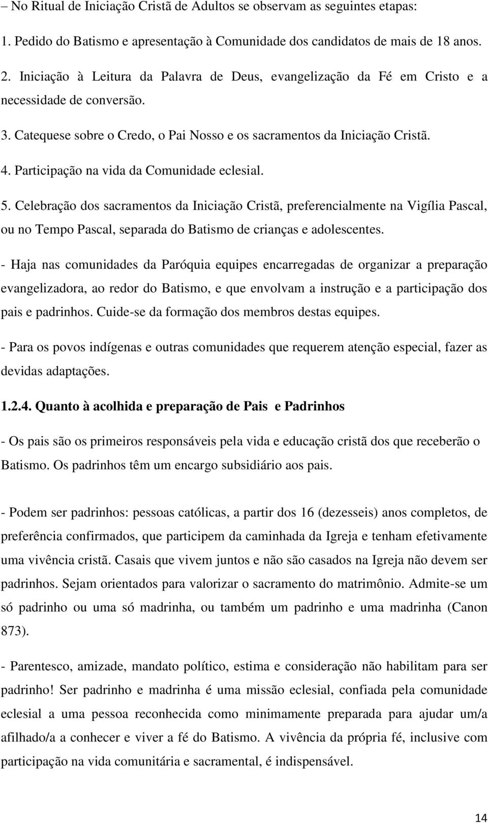 Participação na vida da Comunidade eclesial. 5. Celebração dos sacramentos da Iniciação Cristã, preferencialmente na Vigília Pascal, ou no Tempo Pascal, separada do Batismo de crianças e adolescentes.